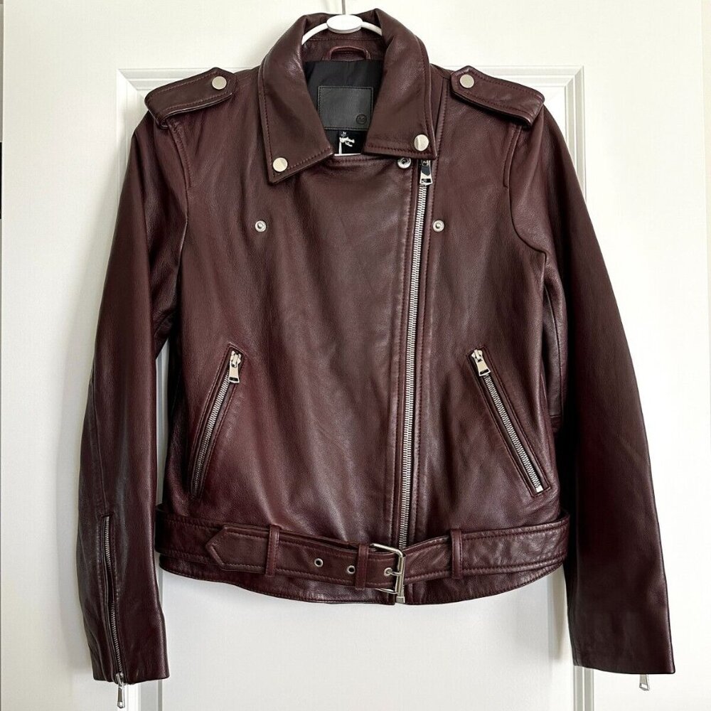 Women's NWT AG Adriano Goldschmied Leather Rory Moto Jacket in Spiced Rum Size M